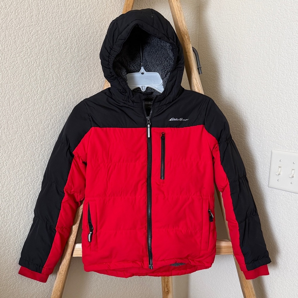 Eddie Bauer Red and Black Quilted Hooded Jacket